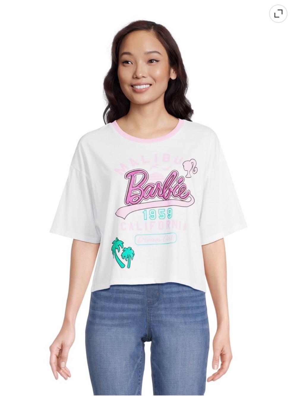 Barbie Women's Graphic white Tee, "Malibu Barbie 1959 California Dream Girl", M